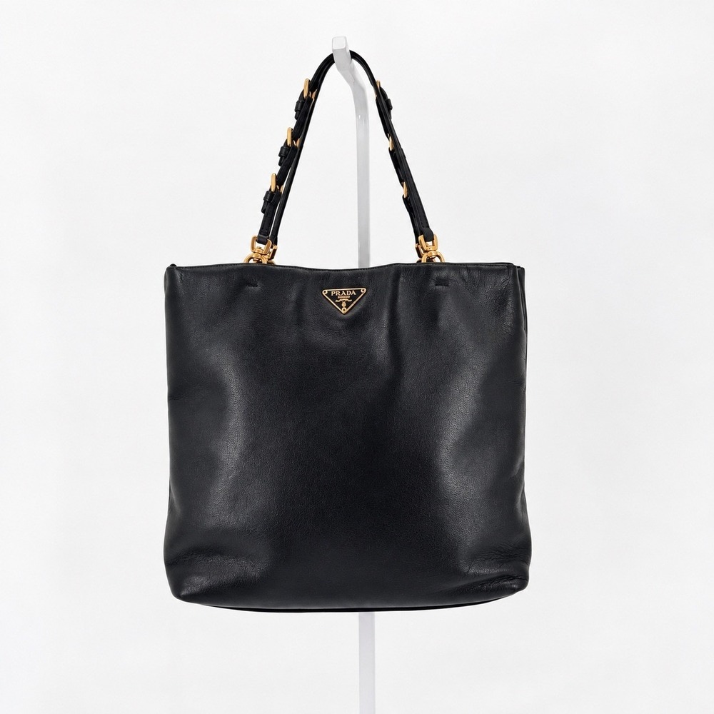 Prada Nappa Leather Mini Tote Bag Black Gold Buckle Strap Luxury Chic Minimalist